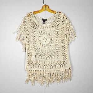 Questions Women's Small Crochet Fringe Top Beige Open Knit Boho Festival Poncho